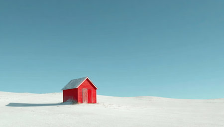 A small, vivid red house sits centrally in a wide, white, open space against a clear, azure sky. The image emphasizes minimalism and visual contrast. The scene features clean lines, soft lighting, and potential for use in concepts related to solitude, simplicity, or real estate. This image may be suitable for various commercial or editorial applications.の素材