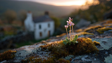 Delicate wildflowers grow from a moss-covered rock in this image. The scene features soft lighting, with a shallow depth of field, showcasing the detail of the flowers. A blurred cottage is visible in the background, set against a natural environment and golden sunset. This image is suitable for various commercial uses.の素材
