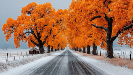 A snow-covered road extends into the distance, framed by towering trees adorned with bright orange foliage. The image showcases a contrast of colors, with the crisp white snow against the warm hues of the trees. It could be suitable for various uses, including editorial and design projects.の素材