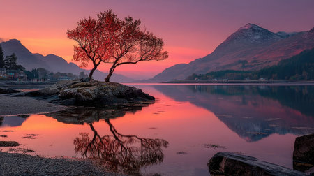 A vibrant landscape showcases a tree silhouetted against a colorful sunset, its reflection mirrored on the water's surface. The composition highlights the natural beauty with mountains in the background. The scene's warm tones and symmetrical layout make it suitable for various commercial and artistic projects.の素材