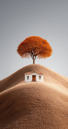 A picturesque scene features a small white house situated atop a gently rolling hill. Above, a tree with vibrant orange foliage stands prominently. The composition utilizes warm earth tones, creating a tranquil atmosphere. The image could be used for various commercial or editorial applications, offering a sense of peace.の素材