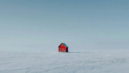 A small, red structure is centered against a vast, snow-covered environment under a bright, clear sky. The image features a minimalist style with cool tones and soft lighting. This composition could be suitable for various commercial uses, including advertisements, editorial content, and website design.の素材