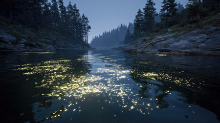 A tranquil river flows under a twilight sky, reflecting shimmering light. The scene features a dark, dense forest lining the riverbanks. The composition emphasizes the water's surface, creating a sense of depth and peacefulness suitable for various commercial uses.の素材