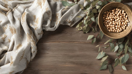 An overhead shot showcases a wooden table adorned with a draped fabric and a bowl filled with grains. Green leaves add a natural element to the composition. The lighting highlights textures, suggesting a calm environment. Suitable for a range of commercial and editorial applications, this image offers copy space.の素材