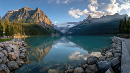 A landscape image features a tranquil lake reflecting the surrounding mountains under a clear sky. The scene is dominated by shades of blue and green, with subtle textures from the rocks and water. The composition suggests a serene outdoor setting. Suitable for various commercial and editorial applications.の素材