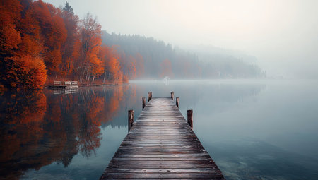 A wooden pier extends over tranquil water, reflecting a surrounding forest ablaze with autumnal colors. The scene is enveloped in a soft mist, creating a serene and atmospheric backdrop. This image could be suitable for various commercial uses, including travel promotions or artistic projects.の素材