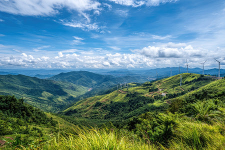 An expansive outdoor scene displays rolling green hills dotted with wind turbines beneath a vibrant blue sky dotted with puffy white clouds. Lush vegetation covers the terrain. The image conveys a sense of natural beauty and environmental consciousness, suitable for diverse commercial and editorial purposes.の素材
