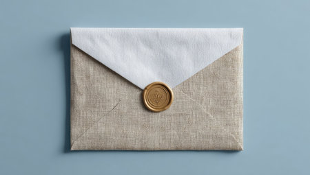 An overhead view presents a sealed envelope with a gold wax seal. The envelope features a neutral color scheme with shades of white and beige. The composition highlights the textured surface against a solid blue backdrop, possibly suitable for commercial and editorial uses.の素材