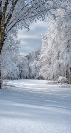 An outdoor winter scene displays snow-covered trees and ground. The composition captures a landscape bathed in sunlight. This image evokes a sense of tranquility. Suitable for a variety of projects, including advertising or editorial content, this picture presents a clean and crisp aesthetic.の素材