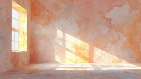 A sun-drenched interior scene displays a window letting in bright light. The walls exhibit a textured, watercolor-like aesthetic with warm, earthy tones. The composition focuses on light and shadow, highlighting the architectural space. Suitable for various design projects and editorial content.の素材