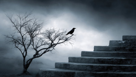 A dark, moody scene features a raven perched on a bare tree against a backdrop of a cloudy sky and stone stairs. The image employs a grayscale palette with strong contrasts. The overall composition suggests themes of isolation, mystery, and contemplation, suitable for various editorial and conceptual applications.の素材