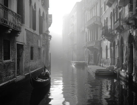 A grayscale image showcases a canal scene featuring a gondola. Buildings line the waterway, enveloped in dense fog. The composition emphasizes vertical lines and reflections, employing a soft, diffused lighting. This image may be suitable for illustrating travel destinations or atmospheric concepts in various editorial contexts.の素材