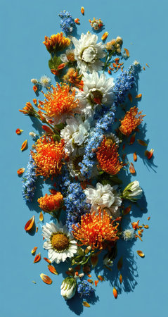 A colorful floral arrangement is displayed against a solid blue background. The composition features various flowers in orange, white, and blue hues. The image showcases a top-down view with soft lighting, highlighting textures. Suitable for illustrating decorative, artistic, or creative concepts, and for use in diverse design projects.の素材
