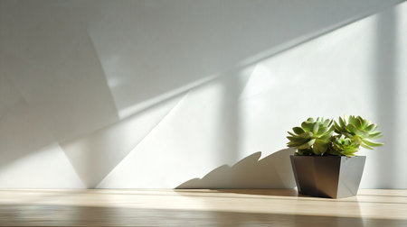 A close-up view displays a small succulent plant in a dark-colored square pot on a wooden surface. Strong sunlight creates dramatic shadows across the white wall. The composition is simple and clean with focus on the plant. Suitable for design projects and commercial applications.の素材