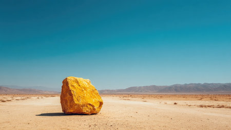 A single, yellow rock dominates a barren desert scene under a clear, azure sky. The image displays a strong contrast between the rock's texture and the smooth background. The composition suggests an isolated environment, likely outdoors, with potential uses in various commercial and editorial projects.の素材