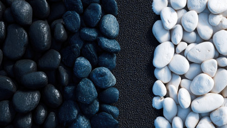 This image features a collection of black and white pebbles side by side against a textured background. The pebbles are smooth and rounded, with varying shades and textures. The composition employs high contrast, with overhead lighting. Suitable for a variety of commercial and editorial applications.の素材