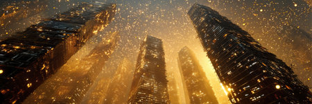 The image captures tall, abstract structures extending upwards, suggesting a futuristic cityscape. It features warm tones, likely from lighting within the structures. The overall visual effect gives a sense of grandeur. Suitable for a variety of uses, including editorial and commercial design projects.の素材