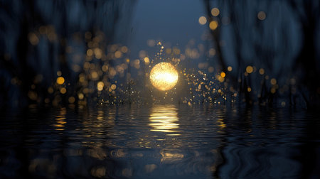 An artistic image presents a central, glowing orb reflected in rippling water. The surrounding elements suggest a dark, mysterious environment. The color palette features deep blues and golden hues, with a blurred bokeh effect. This evocative scene may be suitable for creative projects and visual storytelling.の素材