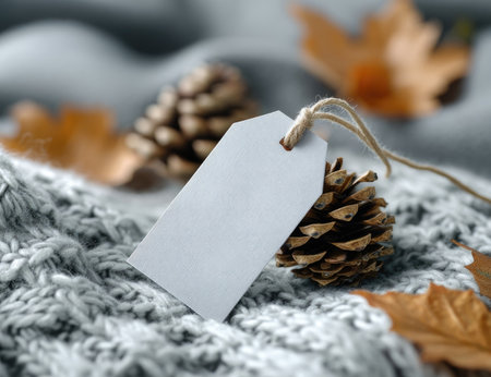 A close-up view displays a blank label, pinecones, and scattered autumn leaves atop a textured gray knitted surface. The composition uses soft lighting and a shallow depth of field, emphasizing the label. This image suggests a seasonal theme and might be suitable for various design, marketing, and advertising purposes.の素材