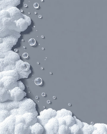 An abstract arrangement showcases fluffy white clouds and clear water droplets against a gray backdrop. The composition features a textured, soft appearance, with gentle lighting. This versatile imagery is suitable for various applications, including advertising, design projects, and editorial content.の素材
