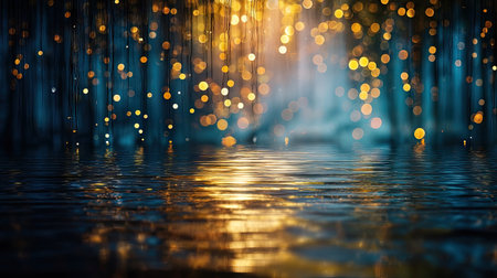 An abstract image showcases shimmering lights reflected on a water surface. The composition presents a play of color, featuring golden and blue tones. The scene is illuminated by an overhead light source, creating a textured surface. Suitable for a range of commercial and editorial purposes.の素材