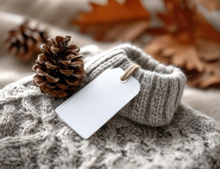 A close-up shot presents a gray knit sweater with a blank tag. Beside it, a pine cone rests alongside autumnal leaves. The warm lighting and soft textures create a cozy and inviting atmosphere. Suitable for use in lifestyle articles, seasonal promotions, or product presentations.の素材