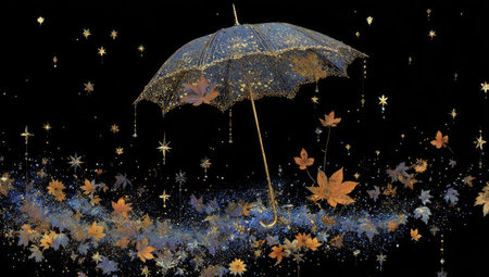 An illustrated composition features a decorative umbrella surrounded by stylized leaves and sparkling stars. The dark background creates a contrasting effect emphasizing the golden and blue hues of the elements. Suitable for designs that may require a celestial, seasonal, or artistic aesthetic, the image provides visual interest and versatility.の素材