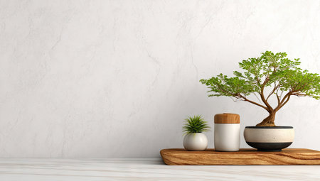 A close-up captures bonsai trees and a small plant, showcasing a minimalist aesthetic. The image features a wooden board holding the plants against a neutral, textured backdrop. Soft lighting illuminates the scene, highlighting the green foliage and natural tones. Suitable for various design projects and commercial applications, this image offers a clean and serene aesthetic.の素材