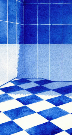 This image presents an abstract interior featuring blue and white tiles on walls and floors. The composition showcases clean lines and geometric patterns, with variations in shade creating depth and dimension. Suitable for various applications, it offers a contemporary aesthetic, adaptable for design or artistic projects.の素材