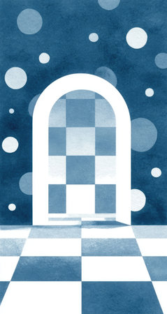 An abstract illustration presents a white arched doorway set against a textured blue backdrop scattered with circular elements. The interior features a checkered pattern. The monochromatic palette and soft lighting create a serene atmosphere. Suitable for use in conceptual design or editorial projects.の素材
