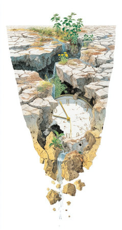 An artistic composition depicts a clock face integrated within cracked earth with a plant growing. The image showcases a surreal juxtaposition of time and nature, featuring dry, textured earth, a vintage clock, and vibrant green vegetation. The overall style is illustrative with a soft lighting and a thematic message suitable for various visual communication projects.の素材