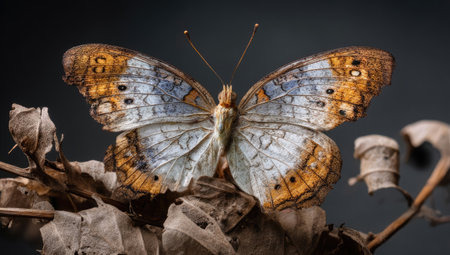A close-up photograph showcases a butterfly with open wings. The wings display a pattern of orange, brown, and blue hues. The butterfly rests on dried leaves. The image presents a natural composition with detailed textures, appropriate for various editorial and commercial projects.の素材