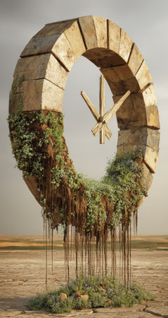 An artistic wooden clock design, featuring a circular frame constructed from weathered blocks. Lush green vegetation drapes from the structure's base, contrasting with a neutral backdrop. The composition is lit with soft lighting, creating a surreal and symbolic ambiance, suitable for conceptual, decorative, or artistic purposes.の素材