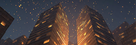 This illustration depicts two towering skyscrapers with lit windows against a deep blue night sky. The image uses warm golden light to highlight the buildings. Scattered details evoke a starry or festive atmosphere. This image might be suitable for editorial or commercial purposes, related to urban themes.の素材
