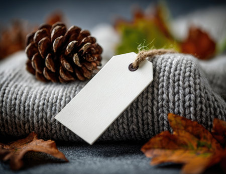 A detailed composition showcases a pine cone resting on a grey knitted surface, accompanied by a blank tag and scattered autumn leaves. The image presents warm tones and a shallow depth of field, emphasizing the textures. This arrangement may be suitable for product presentations, seasonal promotions, or general design applications.の素材