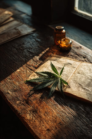A close-up view presents a green cannabis leaf resting on a weathered wooden surface, accompanied by small glass jars. The scene is illuminated by natural sunlight, creating shadows. This composition may be suitable for illustrating themes related to alternative medicine, natural remedies, or artistic concepts. The warm tones and texture could appeal to various commercial projects.の素材
