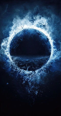 An illustration depicts a central dark blue sphere encircled by a luminous aura. The image showcases a digital art style with smoky, ethereal textures and a cool color palette of blues and blacks. The composition and lighting create a mysterious atmosphere suitable for various conceptual or decorative applications.の素材