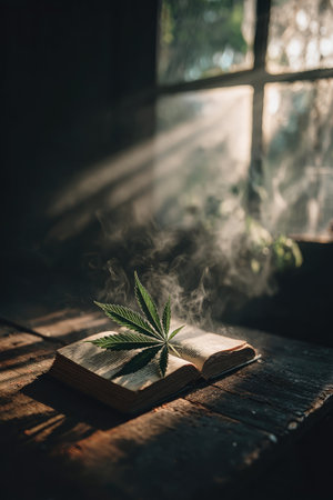 An open book with a cannabis leaf rests on a wooden surface, illuminated by light streaming through a window. The scene features a smoky haze and dark, textured backgrounds. This composition may be suitable for editorial or commercial applications, possibly relating to education or literature.の素材