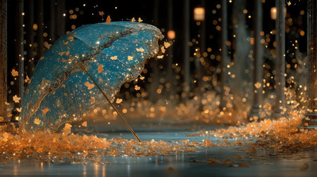 An artistic image features a blue umbrella open in a dreamy environment. Golden particles and lights illuminate the scene, enhancing the magical atmosphere. The composition includes details creating depth with blurred elements in the background. Suitable for various creative and commercial applications.の素材