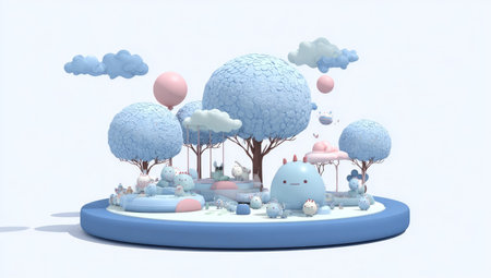 A whimsical cartoon scene features fluffy blue trees, clouds, and character. Soft pastel colors and a smooth texture create a clean, modern aesthetic. The composition uses circular form, with overhead lighting. The image is suitable for various design projects, advertising campaigns, and editorial content needing a touch of fantasy.の素材