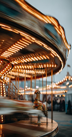 An amusement park carousel is captured with blurred motion during twilight. The image highlights a vintage design with warm, inviting lights against a backdrop of muted tones. This composition could be used for promotional material related to entertainment, leisure, or festive events. The overall effect is nostalgic and engaging.の素材