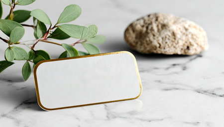 A blank card with a golden frame rests on a marble surface, complemented by a sprig of green leaves and a textured stone. The image displays natural lighting and a clean, minimalist style. Suitable for various design projects, it offers a space for text or graphics, appropriate for advertising and editorial use.の素材