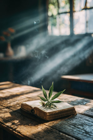 An open book displays a cannabis leaf, illuminated by beams of light. The composition features a wooden table with blurred background elements, hinting at an indoor setting. The image uses natural lighting and a shallow depth of field, offering visual appeal for various commercial projects and editorial needs.の素材