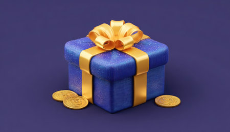 A blue gift box, tied with a golden ribbon, sits on a purple surface alongside several golden coins. The image features soft lighting and a minimalist design. The composition suggests a celebratory or promotional context suitable for various commercial applications or editorial content.の素材