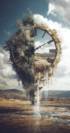 An image presents a clock face bisected, merging natural elements with a landscape scene. One half is overgrown with foliage, the other shows a dry, open field. The composition employs a split design, likely digitally created. This visual concept could be suitable for editorial or advertising applications.の素材