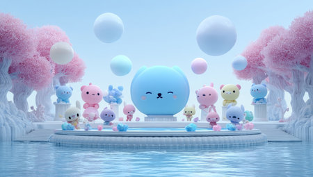 A collection of cartoon bear figures gather in a dreamlike setting. The composition features soft pastel hues, spherical elements, and a serene water backdrop. The visual style is rendered, creating a vibrant and cheerful mood, suitable for various promotional and creative applications.の素材