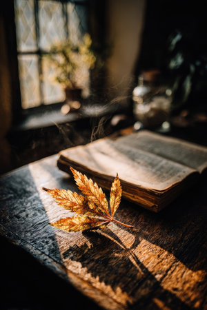 An open book with a golden leaf lies on a wooden surface, illuminated by sunlight. The warm tones and soft textures of the leaf and book suggest an indoor setting. This image could be used for various purposes, including editorial content or promotional materials.の素材