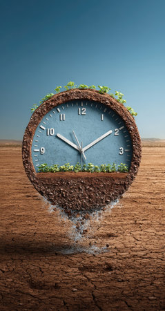 An image showcases a clock seamlessly integrated with soil and vegetation. The visual composition features earthy tones, a blue clock face, and green plant life. The desert landscape and clear sky create a contrast. Suitable for themes such as time, nature, or environmental conservation, and for various editorial or commercial uses.の素材