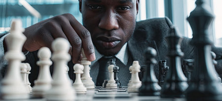 A dark-skinned person in a suit is playing chess indoors. The close-up shot highlights the chessboard with black and white pieces and the player's focused expression. The image displays a professional environment with strategic elements. It could be used for business, strategy, and decision-making concepts.の素材