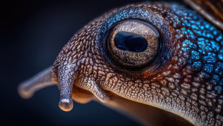 A macro photograph presents a snail's eye, showcasing its intricate details. The image highlights a textured shell with patterns and a striking eye. The composition features a shallow depth of field, possibly taken outdoors under natural lighting, emphasizing the organic textures. Suitable for various editorial and commercial applications.の素材